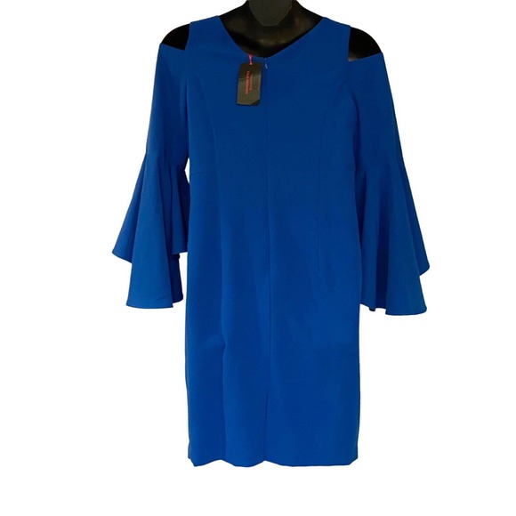 Midnight Velvet Blue Cold Shoulder Bell Sleeve Dress - Picture 9 of 16